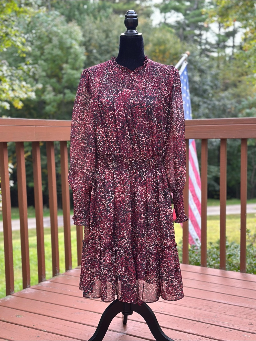 Women's Burgundy Floral Long-Sleeve Ruffled Dress